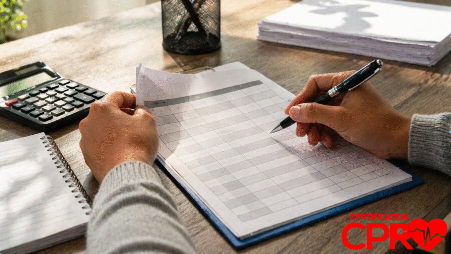 Person filling out a form for CPR certification in Jacksonville, Florida.